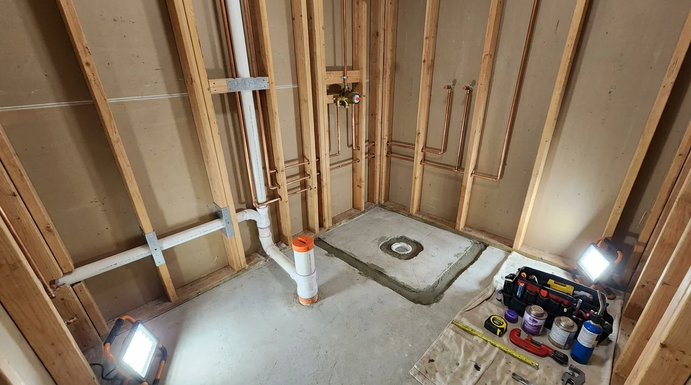 Bathroom rough-in plumbing during remodel by Johns Plumbing LLC in Sandusky