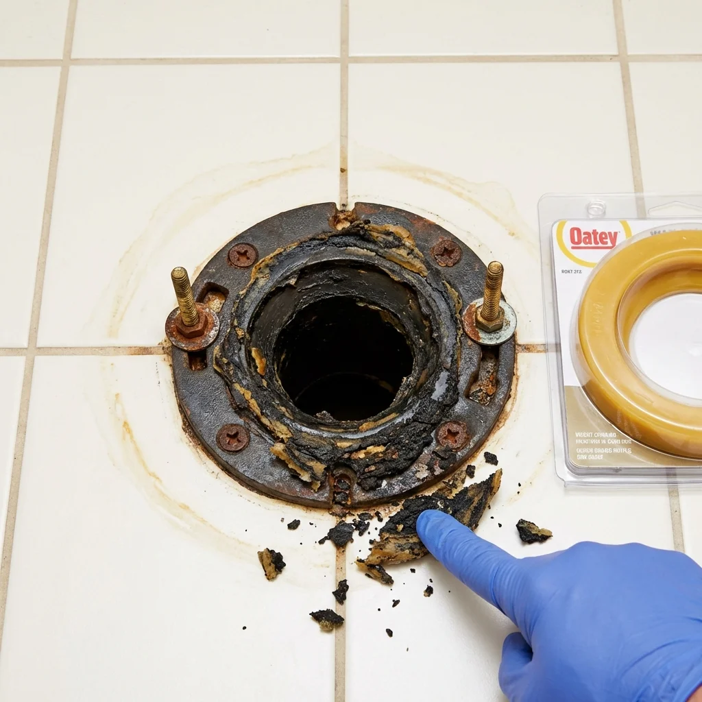 Failed wax ring showing water seepage at the base of a toilet in a Sandusky, OH home
