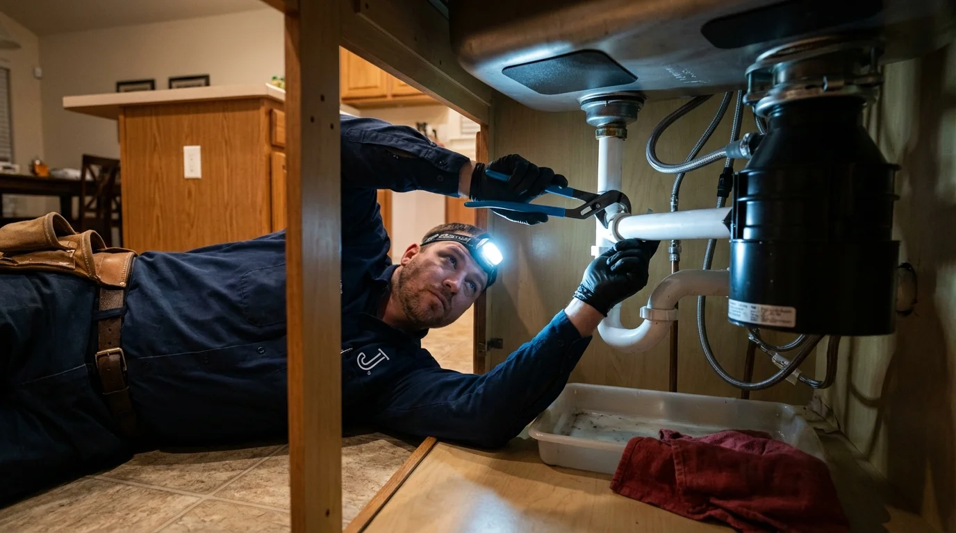 P-trap and supply line connections under a kitchen sink showing a common leak point in Sandusky, OH